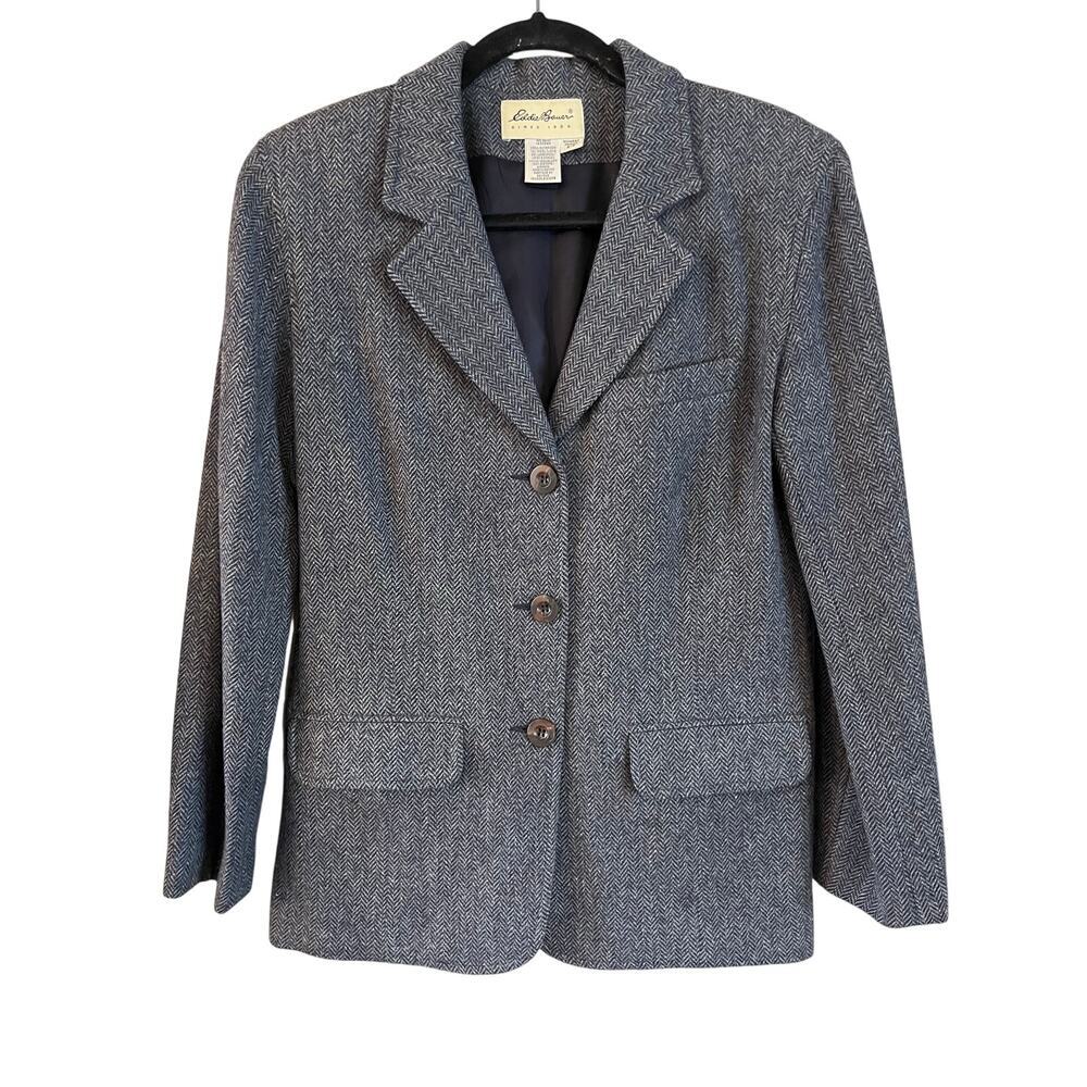 Vintage Eddie Bauer Women’s 100% Wool Herringbone Blazer Size Small Gray